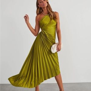 Olive Asymmetrical Pleated Maxi Dress